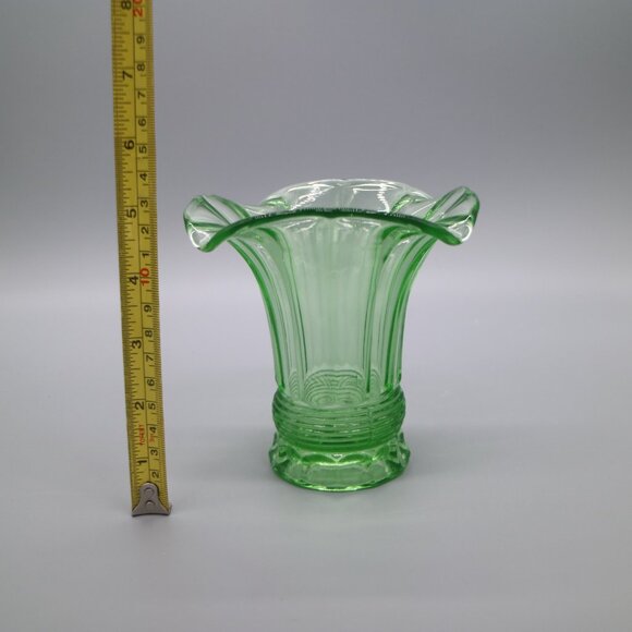 Vintage Green Uranium Glass 5" Vase | Flared Shape w/ Scalloped Edge - Picture 8 of 8